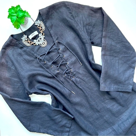 Mikoh Malama Black Linen Lace-up Long Sleeve Mini Dress Cover-up Size XS / S - Picture 3 of 16